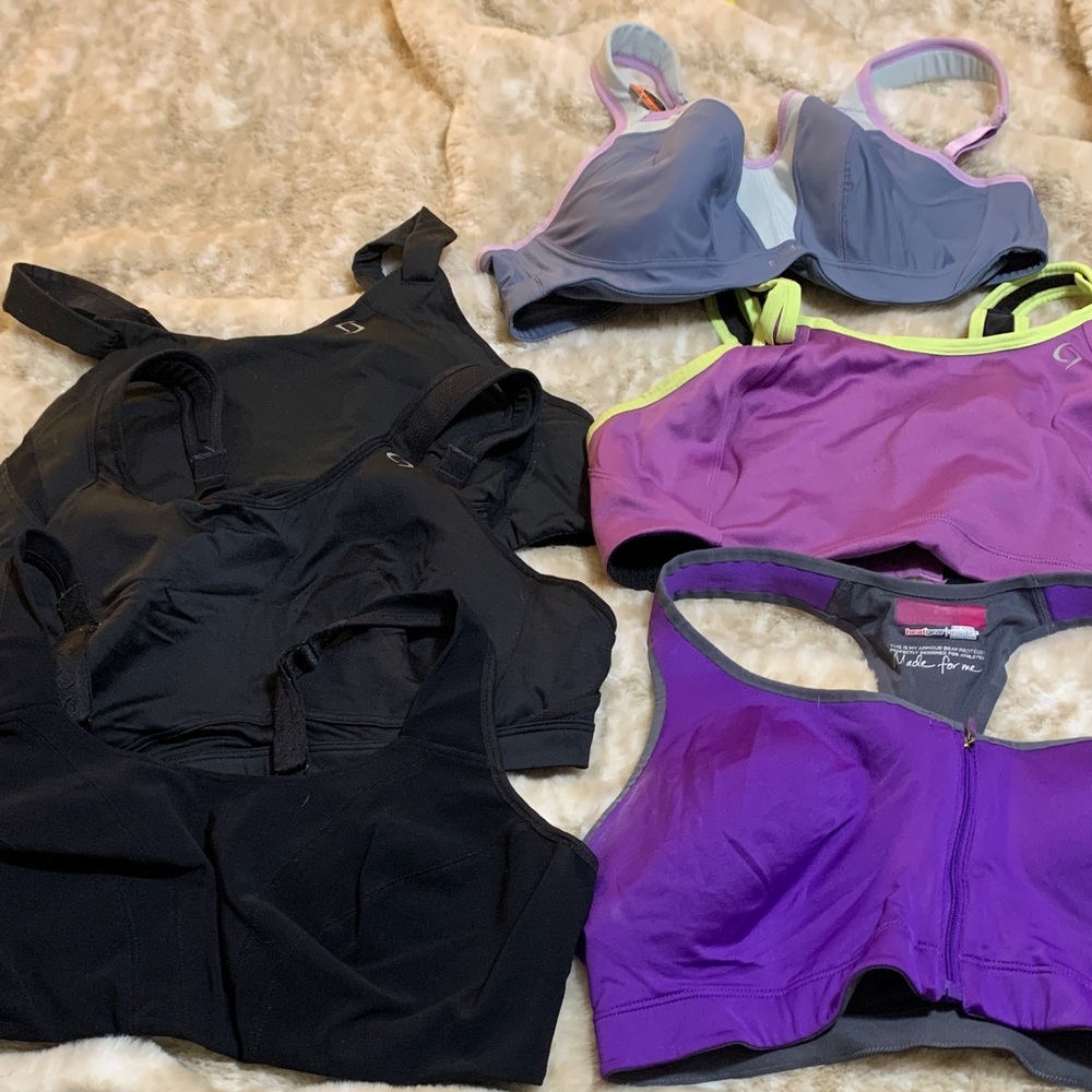 Moving Comfort x 3 black 1 purple bras Panache x1 gray Under Armor x 1 purple